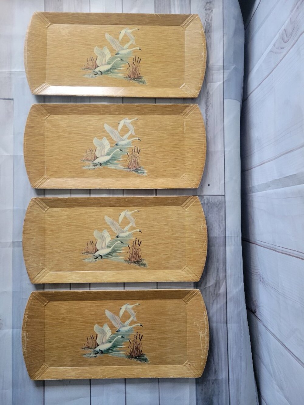 Vintage MCM Coronet Haskelite Lithograph Paper TV Trays w/ Swans, Lot of 4 wood